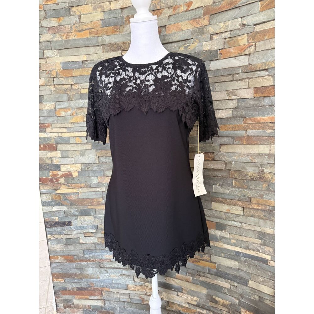 Sara Mique Black Lace-Trim Silk Top